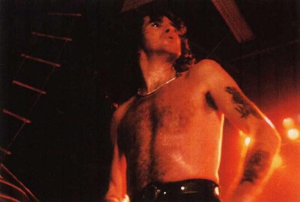 Bon Scott on stage with AC/DC in Grenoble, France, 10 December 1979, two months before his death.