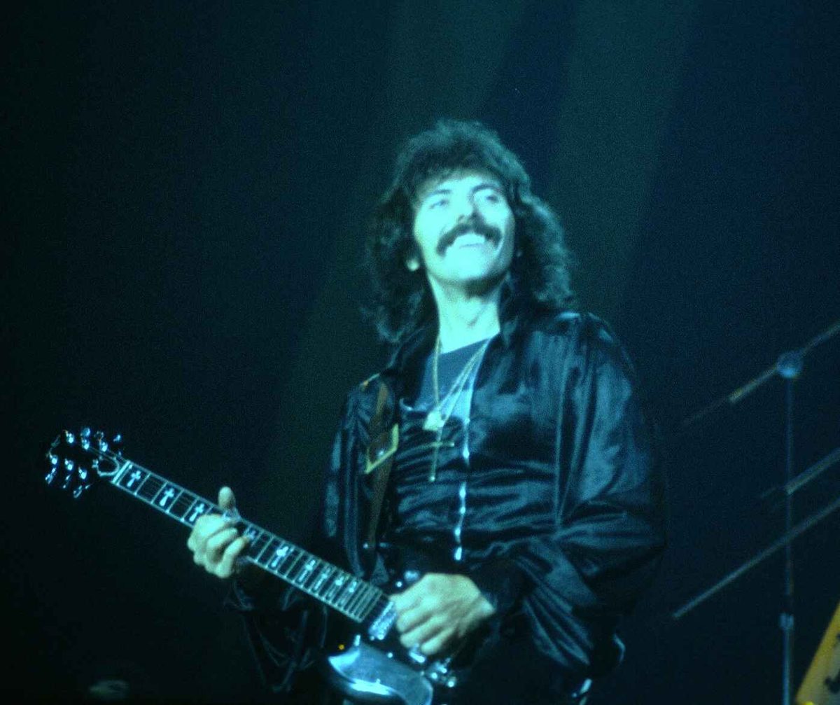Tony Iommi with his Gibson SG on stage at the New Haven Coliseum, Connecticut, in September 1978.