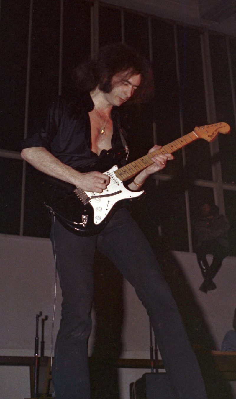 Ritchie Blackmore playing his black Fender Stratocaster on stage in Hamburg in 1971.