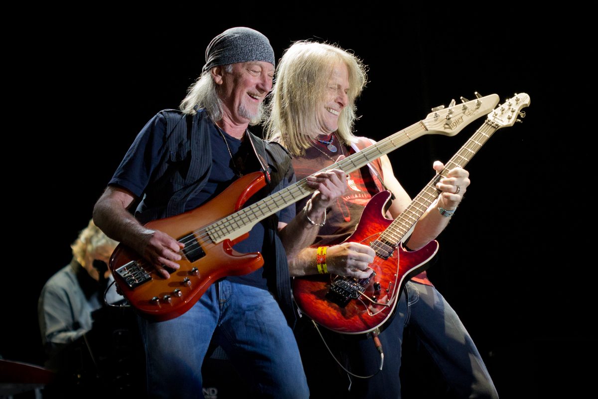 Roger Glover and Steve Morse playing side by side at the Músicos en la naturaleza festival in Hoyos del Espino, Ávila, Spain, on 27 July 2013.