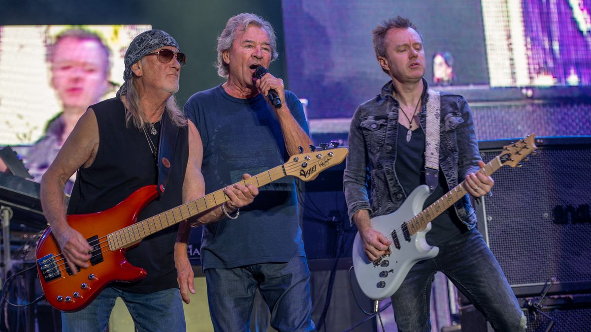 Roger Glover, Ian Gillan and Simon McBride (left to right) on stage at the Lieder am See festival in Germany on 16 July 2022.