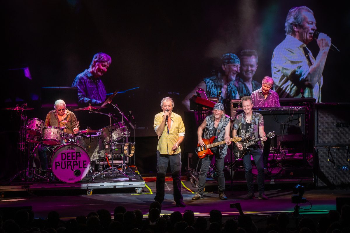 Deep Purple at the Notodden Blues Festival in Norway on 2 August 2024: Ian Paice behind the DEEP PURPLE drum, Ian Gillan, Roger Glover, Simon McBride and Don Airey (left to right).