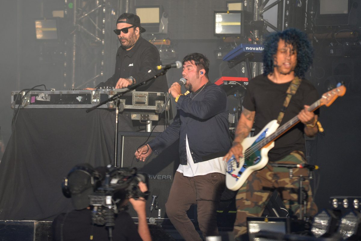 Frank Delgado, Chino Moreno and bassist Sergio Vega with Deftones at Hellfest, Clisson, France, 23 June 2018.
