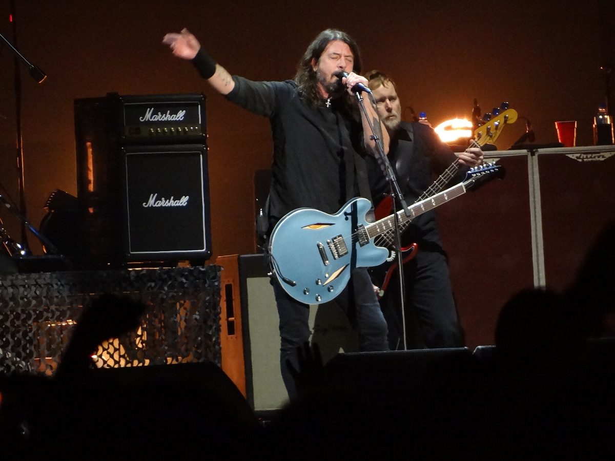 Dave Grohl with his blue Gibson and Nate Mendel on bass at the Shaky Knees festival, Atlanta, 22 October 2021.