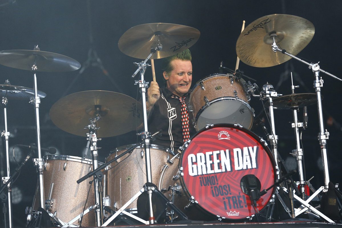 Tré Cool at the drums, the bass drum head painted for ¡Uno! ¡Dos! ¡Tré!, at Rock im Park, Nuremberg, Germany, 8 June 2013.