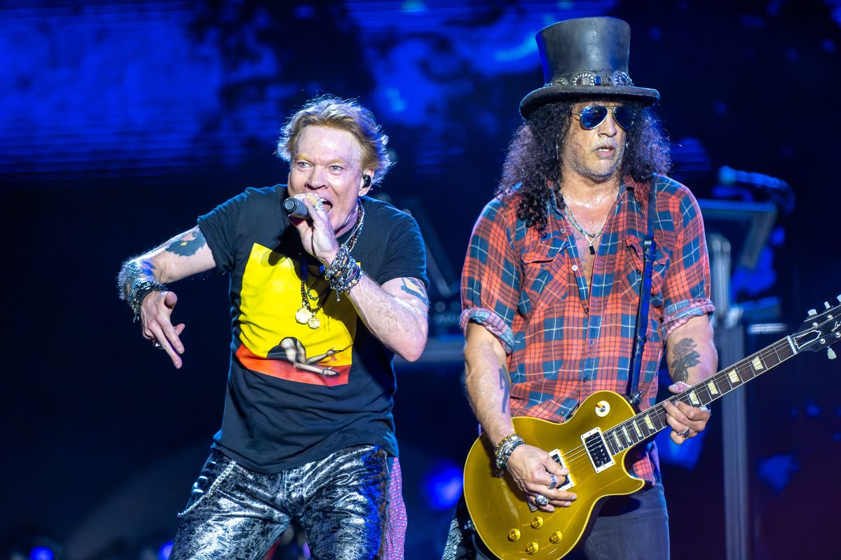 Axl Rose and Slash, with his gold-top Les Paul, at the Glastonbury Festival, England, 24 June 2023.