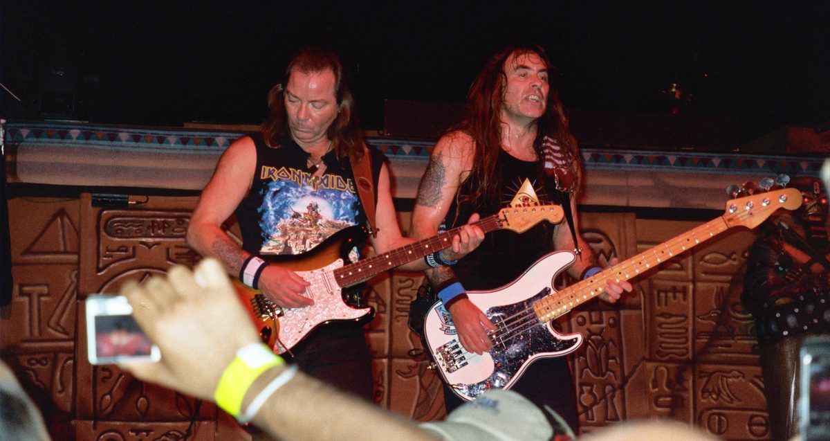 Dave Murray with his Stratocaster and Steve Harris with his Precision bass on the Somewhere Back in Time tour in Mansfield, Massachusetts, on 20 June 2008.