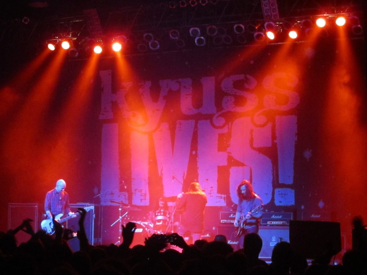 Kyuss Lives!, the 2011 reunion of John Garcia, Brant Bjork and Nick Oliveri with guitarist Bruno Fevery, on stage in Budapest on 20 March 2011.