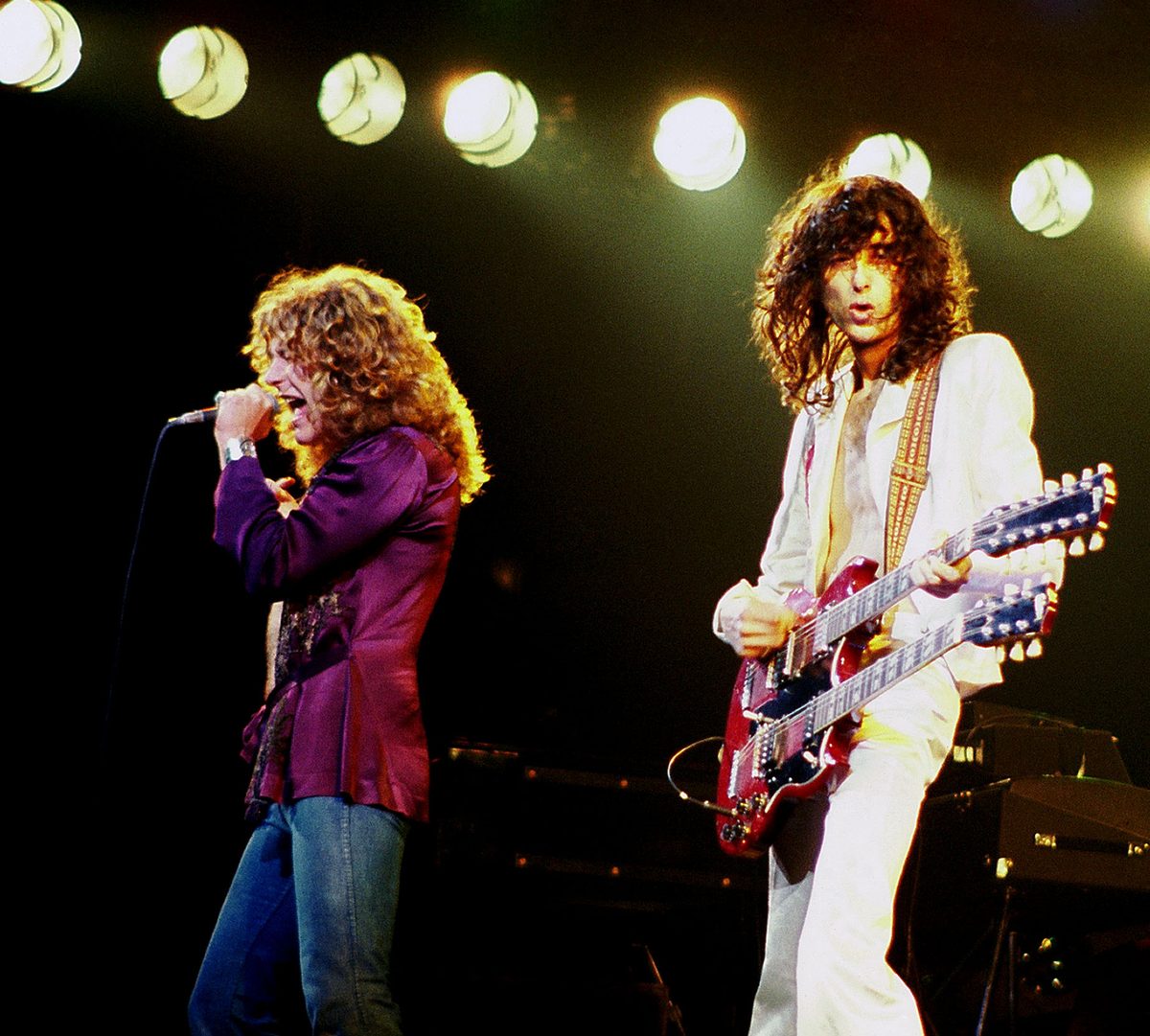 Robert Plant and Jimmy Page, with his double-neck Gibson, in concert in Chicago, 1977.