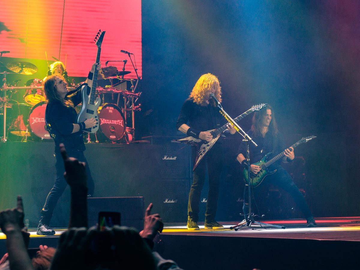 Megadeth at The O2 in London on 16 June 2018: David Ellefson on bass (left), Dirk Verbeuren on drums, Dave Mustaine and Kiko Loureiro (right).