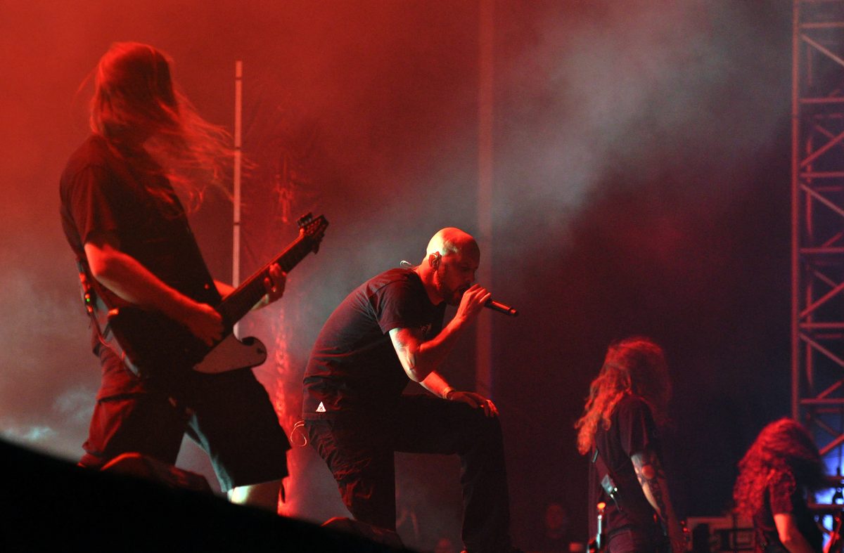 Fredrik Thordendal (left) and singer Jens Kidman leading Meshuggah's set at Wacken Open Air, Germany, on 3 August 2013, the year after Koloss.