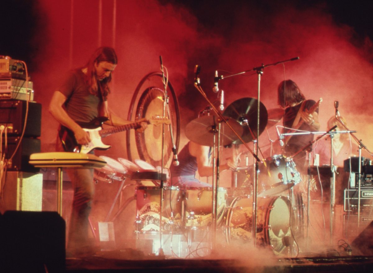 David Gilmour with his Stratocaster (left) and Roger Waters on bass (right) on stage at Merriweather Post Pavilion, Columbia, Maryland, in 1973, the year of The Dark Side of the Moon.