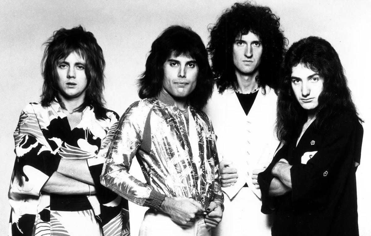 Queen in a 1975 Elektra Records publicity photo for A Night at the Opera: Roger Taylor, Freddie Mercury, Brian May and John Deacon (left to right).