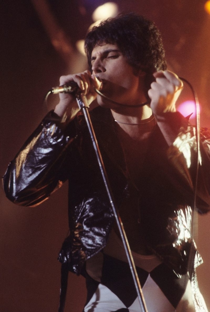 Freddie Mercury singing at the New Haven Coliseum, Connecticut, in November 1977.