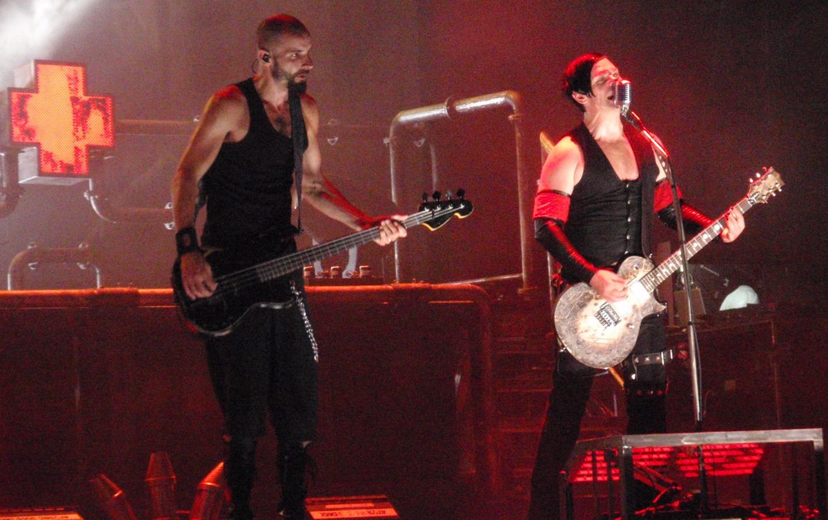 Bassist Oliver Riedel and Richard Kruspe on stage at the BBK Live festival in Bilbao, Spain, 8 July 2010.