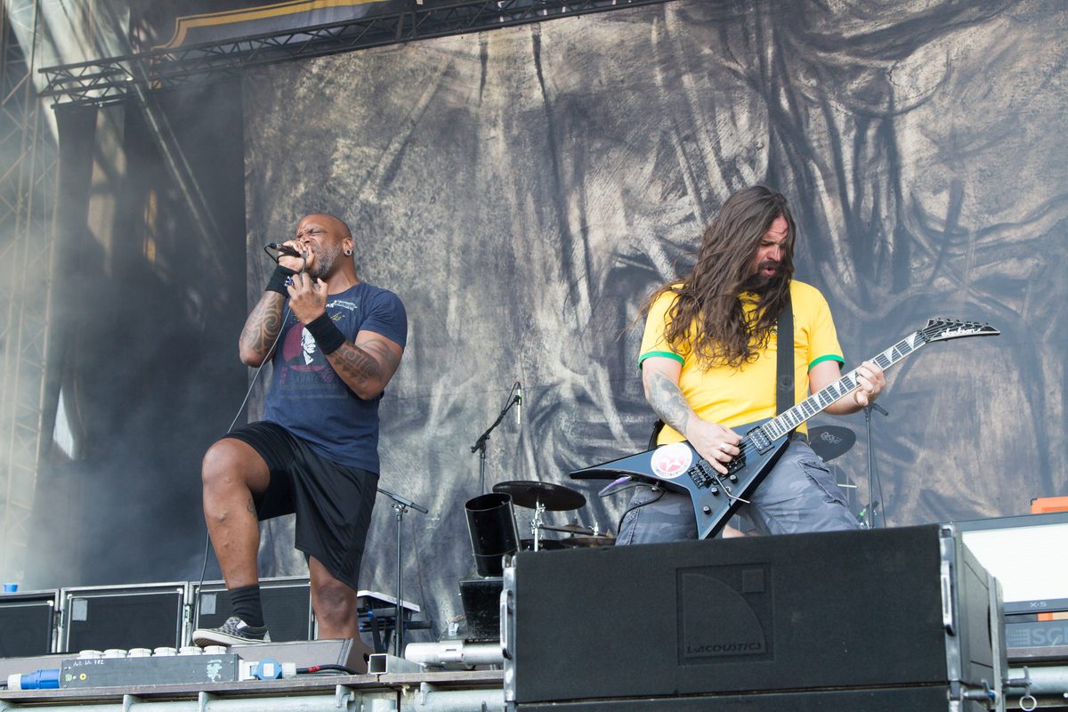 Derrick Green and Andreas Kisser on stage at Nova Rock, Austria, 13 June 2014.
