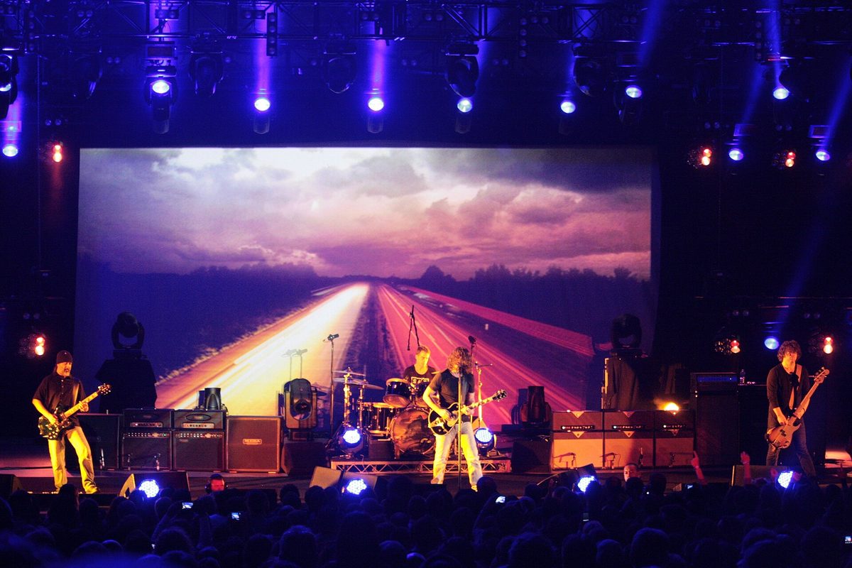 Soundgarden on stage in February 2012: Kim Thayil (left), Chris Cornell, Matt Cameron on drums and Ben Shepherd (right).