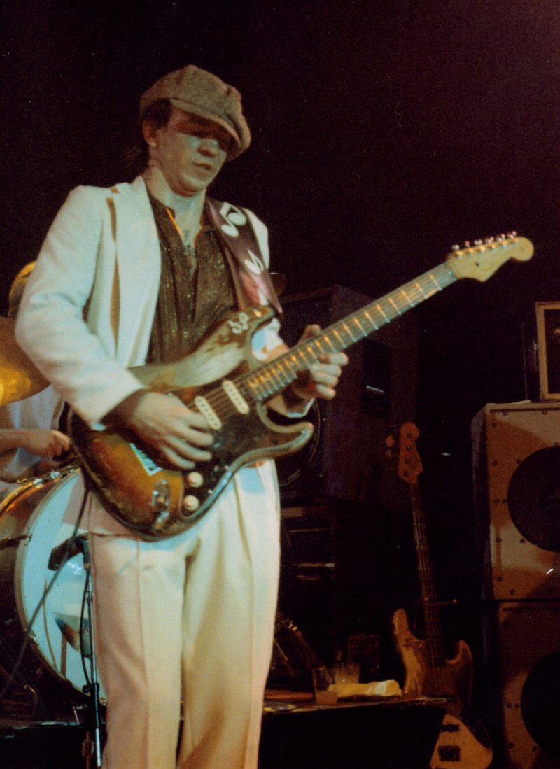 Stevie Ray Vaughan playing his Stratocaster, Number One, with Double Trouble at the Ritz Theater in Austin, Texas, in March 1983.