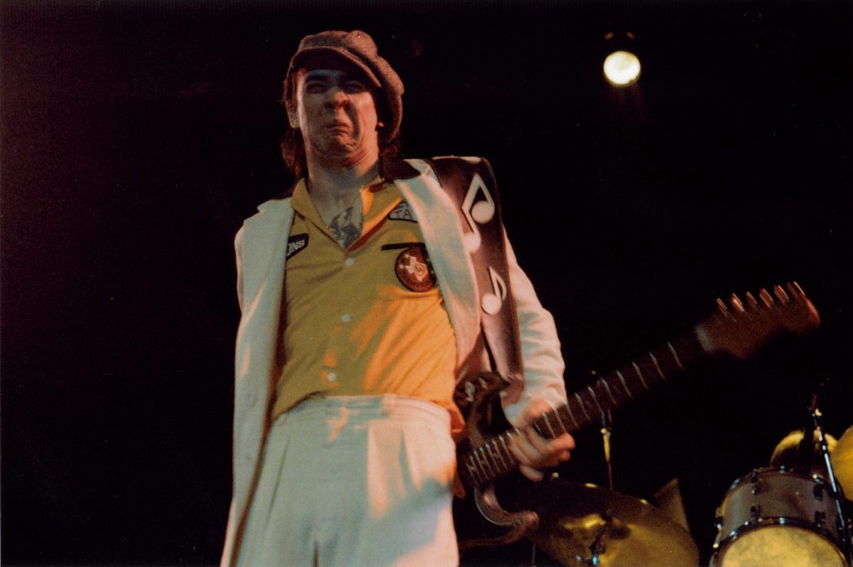 Stevie Ray Vaughan pulling a face mid-song at the Ritz Theater in Austin, Texas, in March 1983.