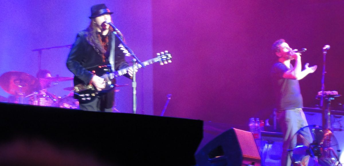 Daron Malakian singing and playing guitar, with Serj Tankian on the right, at the Rock en Seine festival near Paris on 25 August 2013.