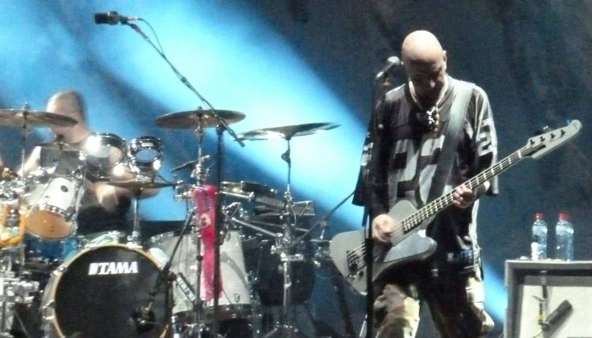 Shavo Odadjian on bass and John Dolmayan on drums at Estadio Bicentenario La Florida in Santiago, Chile, on 7 October 2011.