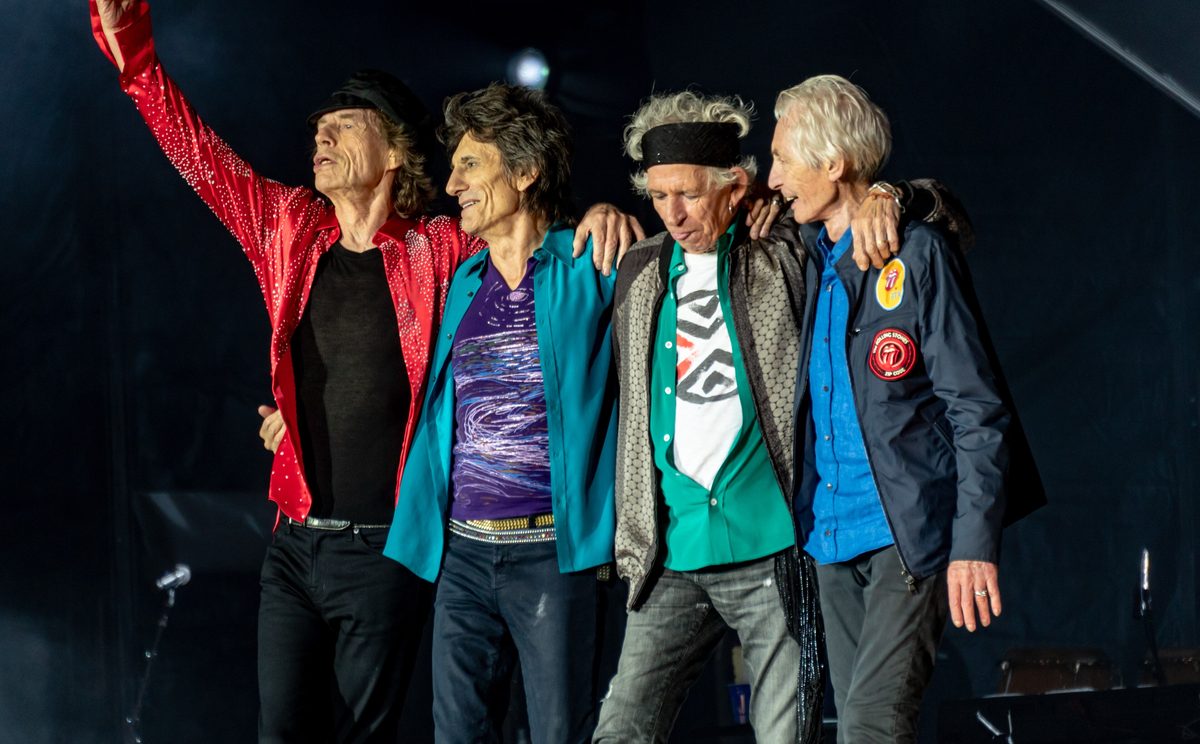 Mick Jagger, Ronnie Wood, Keith Richards and Charlie Watts (left to right) arm in arm for their bow after the Rolling Stones' concert at the London Stadium on 22 May 2018.