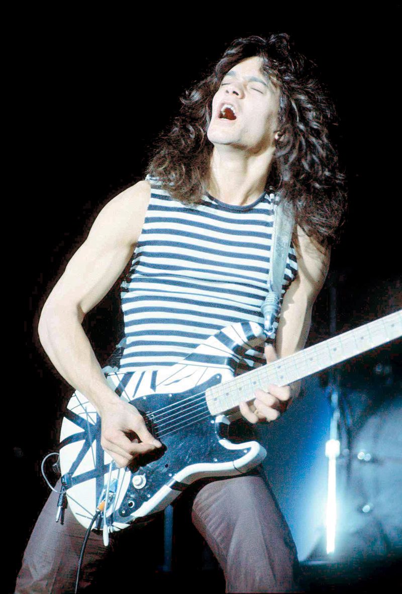Eddie Van Halen playing his striped Frankenstrat at the New Haven Coliseum, Connecticut, on 10 September 1978, the year of the band's first album.