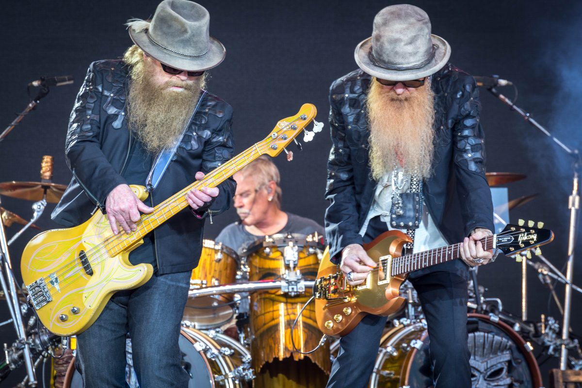 Dusty Hill, Frank Beard and Billy Gibbons on the Pyramid Stage at the Glastonbury Festival, England, 24 June 2016.
